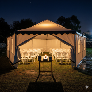 המחשה לאוהל להשכרה ברמה גבוהה עם כיסאות שולחנות תאורה ועוד